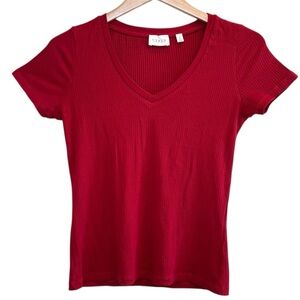 🌈 6/$60 Cyrus Short Sleeve V Neck Ribbed Top Red Size Small